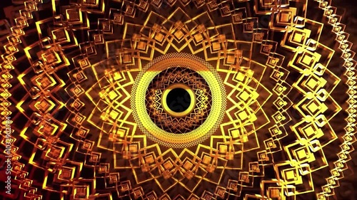 Abstract gold and black geometric pattern with square shapes and a circular hole in the center.