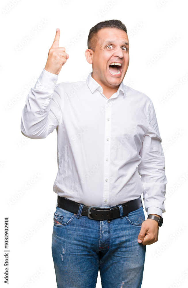 Middle age arab elegant man over isolated background pointing finger up with successful idea. Exited and happy. Number one. Middle age arab elegant man over isolated background pointing finger up with successful idea. Exited and happy. Number one.