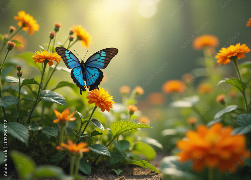 Blue morpho butterfly flying over orange flowers in spring garden Blue morpho butterfly flying over orange flowers in spring garden