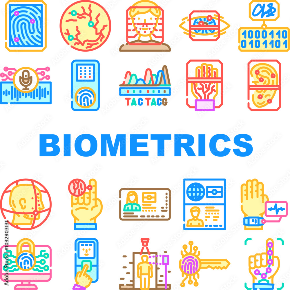 biometrics authentication scan icons set vector. identification, fingerprint iris, retina voice, face, recognition security, privacy biometrics authentication scan color line illustrations biometrics authentication scan icons set vector. identification, fingerprint iris, retina voice, face, recognition security, privacy biometrics authentication scan color line illustrations