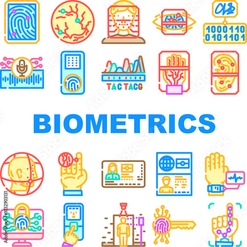 biometrics authentication scan icons set vector. identification, fingerprint iris, retina voice, face, recognition security, privacy biometrics authentication scan color line illustrations