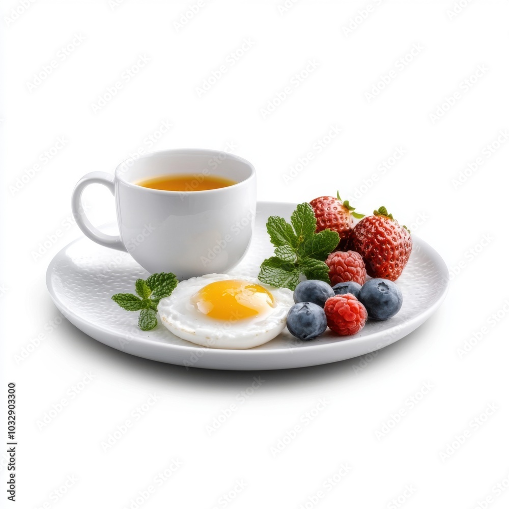 Fresh Breakfast on a White Plate with Tea and Berries Fresh Breakfast on a White Plate with Tea and Berries