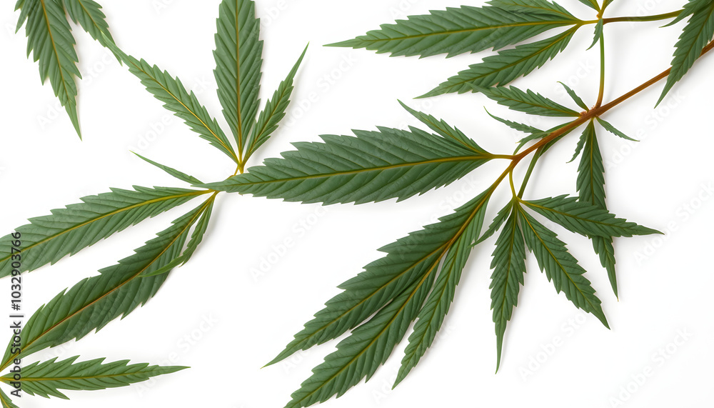 Hemp leaves on white background isolated with white highlights, png Hemp leaves on white background isolated with white highlights, png