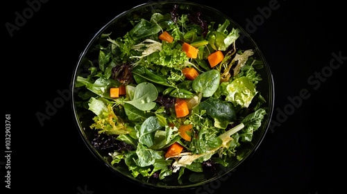 Fresh green salad with vibrant orange cubes in a sleek black bowl, set against a dark background. Healthy eating and gourmet cuisine concept. photo