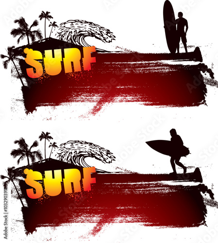 surf grunge banner with stand up surfer