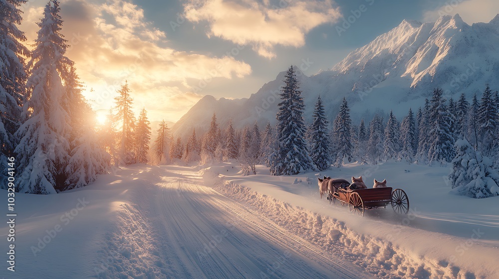 Snow-Covered Winter Mountain Path Taken by Horse-Drawn Sleigh picture Snow-Covered Winter Mountain Path Taken by Horse-Drawn Sleigh picture