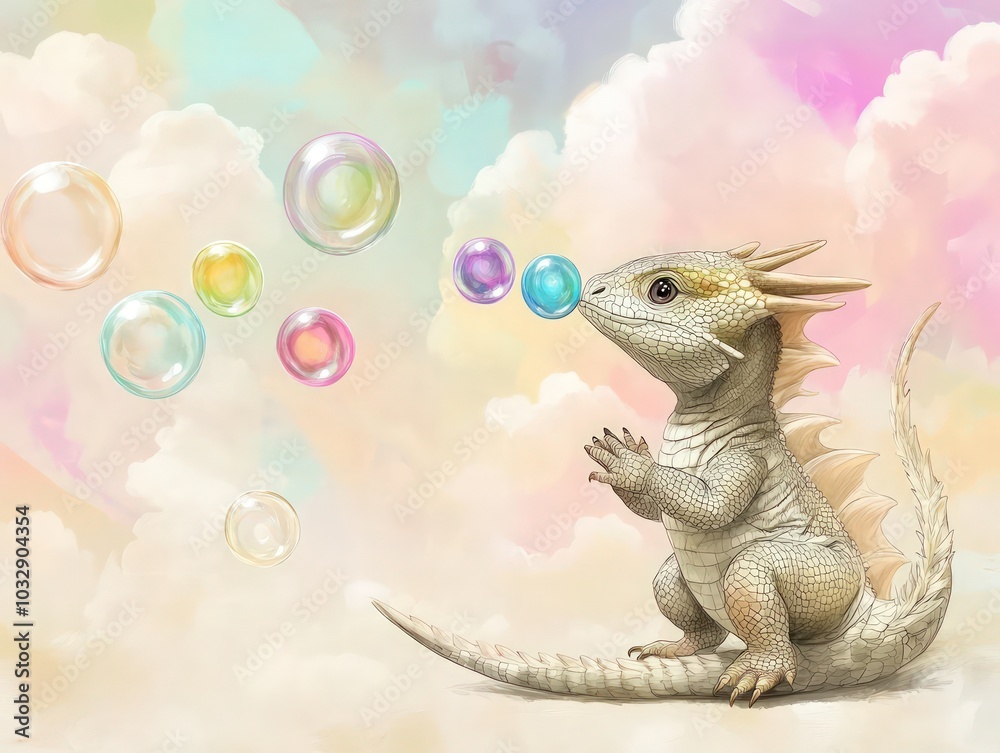 Fototapeta premium Sweet baby dragon blowing colorful bubbles in a pastel sky