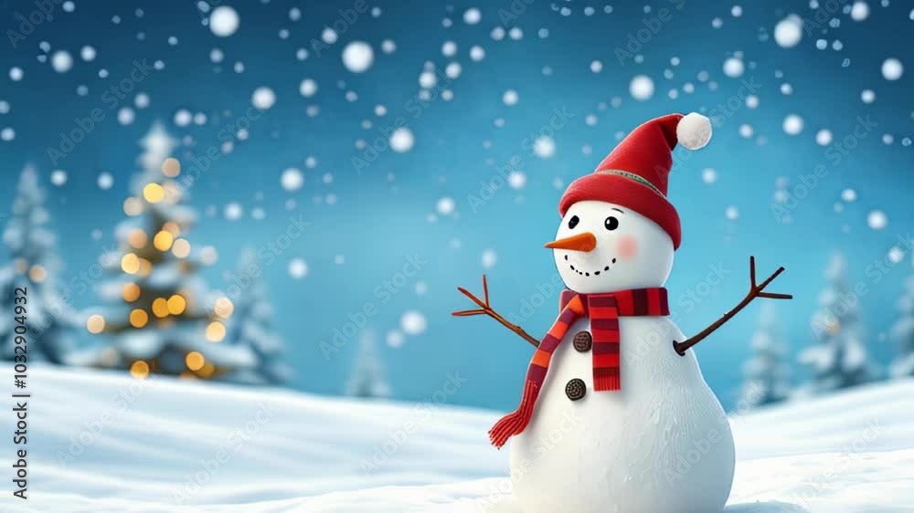 A cute snowman with a red hat and scarf, standing in a snowy landscape A cute snowman with a red hat and scarf, standing in a snowy landscape