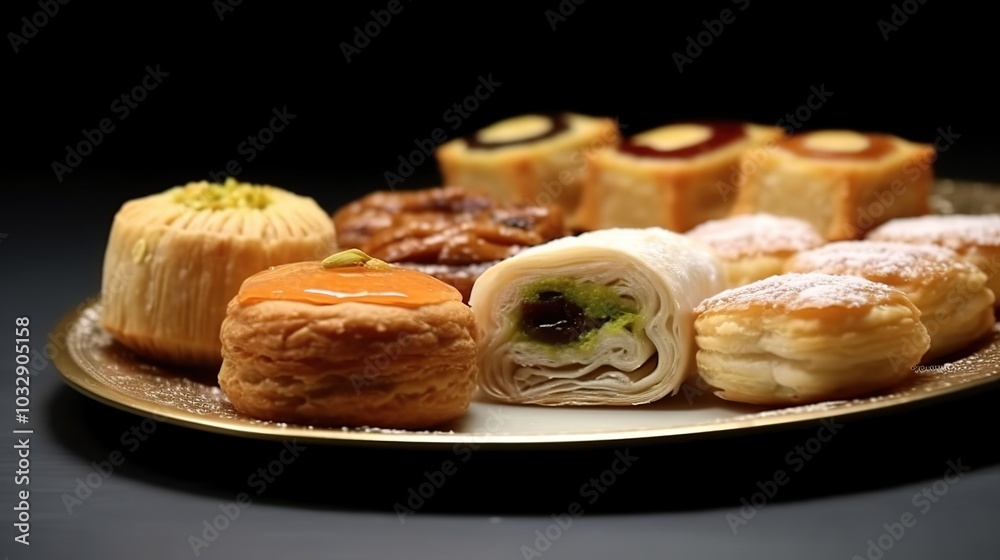 A plate of assorted pastries, including puff pastries, filled with nuts and fruits, and topped with powdered sugar and glaze. A plate of assorted pastries, including puff pastries, filled with nuts and fruits, and topped with powdered sugar and glaze.