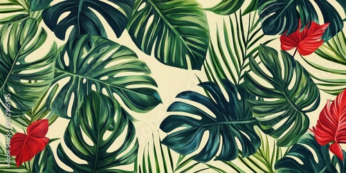 Tropical leaf pattern wallpaper designed for mural room decor with painted elements