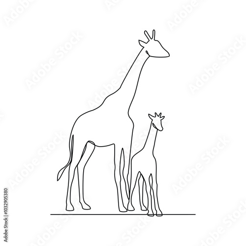 One continuous line drawing of people with giraffe with their young vector illustration. Animal theme design in simple linear style vector concept. Animal design for educational presentation purpose.