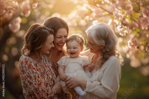 Four generations of women celebrate life together, surrounded by blooming flowers on a sunny day in a serene outdoor setting