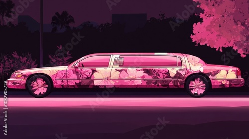 Pink floral limousine at night surrounded by trees exhibiting vibrant girlhood design photo