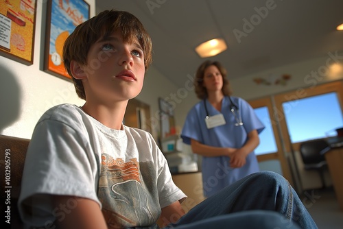 Child receiving allergy shots at a clinic during a sunny afternoon photo