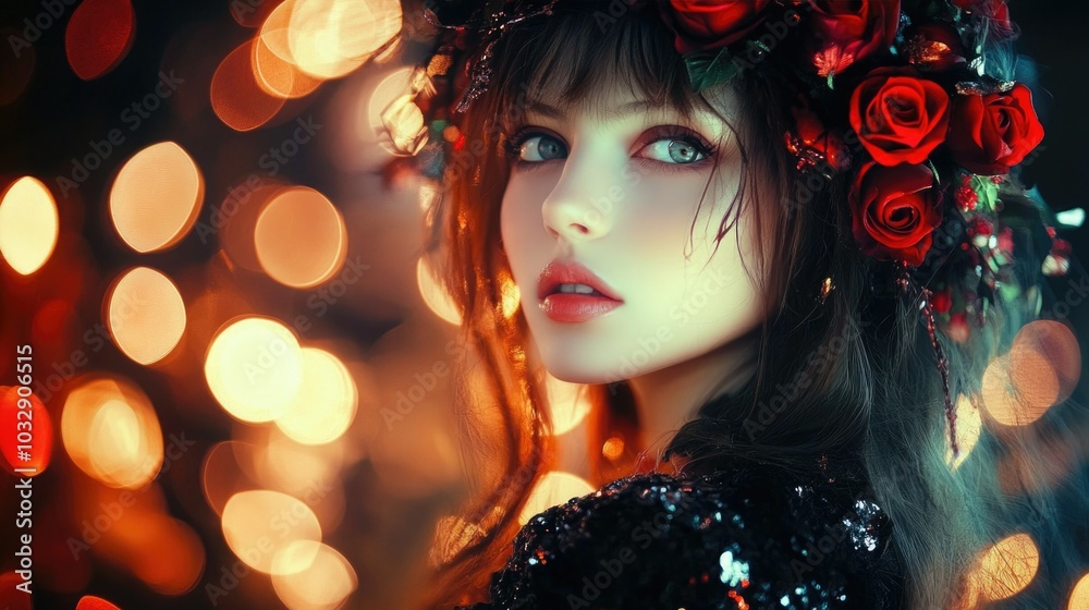 Enchanting young woman with rose crown amidst glowing lights, capturing the essence of girlhood design Enchanting young woman with rose crown amidst glowing lights, capturing the essence of girlhood design