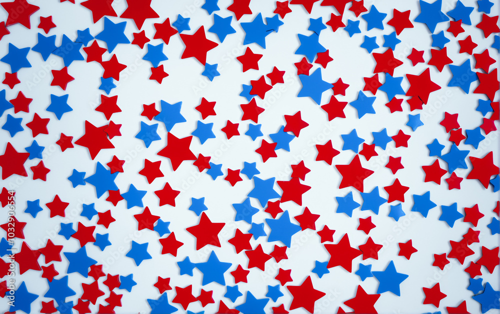 Fototapeta premium Flatlay Pattern of red and blue stars on a solid background.