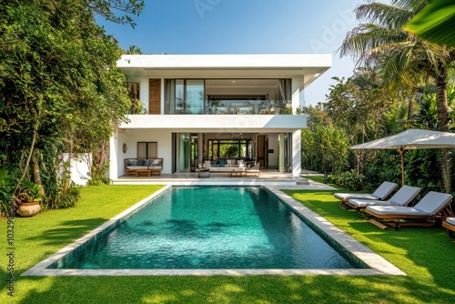 Wallpaper Mural A large white house with a pool and a patio Torontodigital.ca