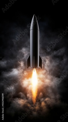 A black rocket ship blasts off into space, leaving a trail of fire and smoke behind it.