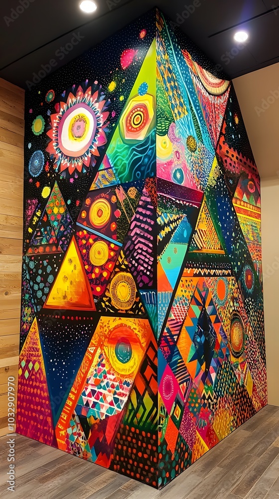 Fototapeta premium 93. A vibrant 3D triangle mural filled with intricate patterns and bold colors