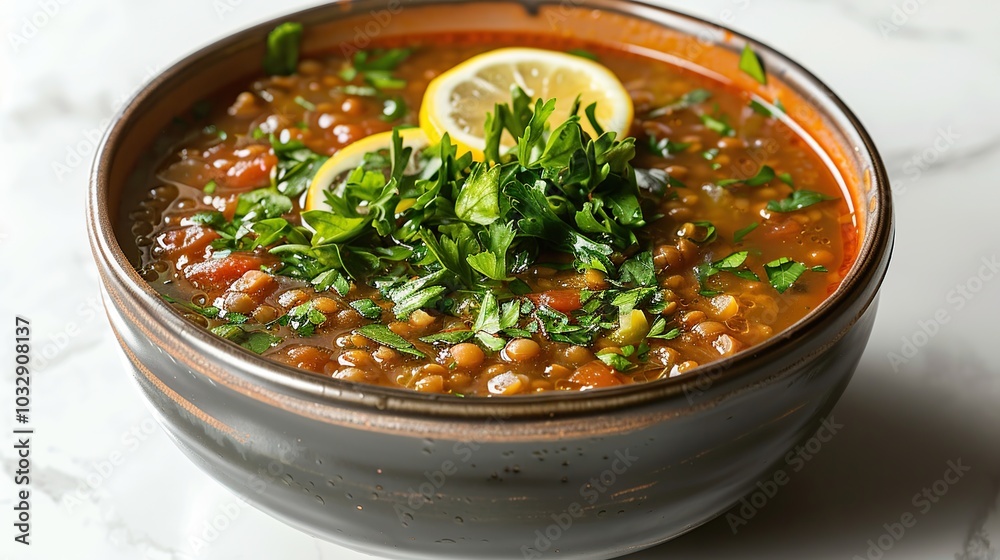 A bowl of lentil soup topped with lemon slices and parsley.