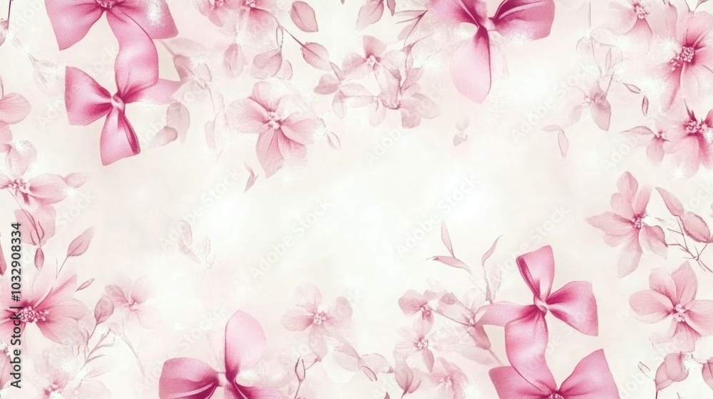 Soft pink floral pattern with delicate ribbons and blossoms, girlhood design concept Soft pink floral pattern with delicate ribbons and blossoms, girlhood design concept