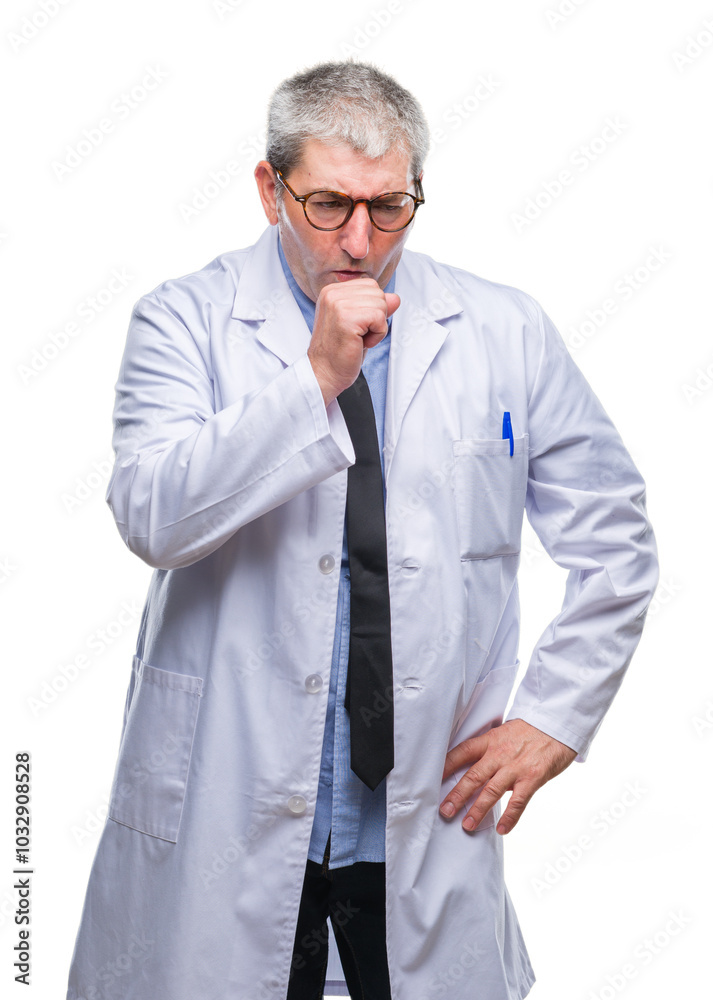 Handsome senior doctor, scientist professional man wearing white coat over isolated background feeling unwell and coughing as symptom for cold or bronchitis. Healthcare concept. Handsome senior doctor, scientist professional man wearing white coat over isolated background feeling unwell and coughing as symptom for cold or bronchitis. Healthcare concept.