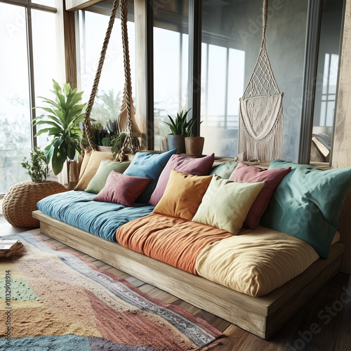 Cozy bohemian living room with colorful cushions, wooden daybed, macramé decor, and natural light in a vibrant, nature-inspired space | AI Created