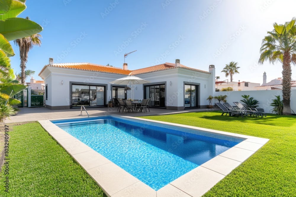 Fototapeta premium A large white house with a pool and a patio