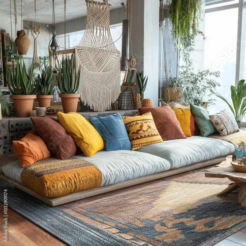 Cozy Boho Living Room with Colorful Pillows, Green Plants, and Natural Textures for a Warm, Inviting Atmosphere | AI Created