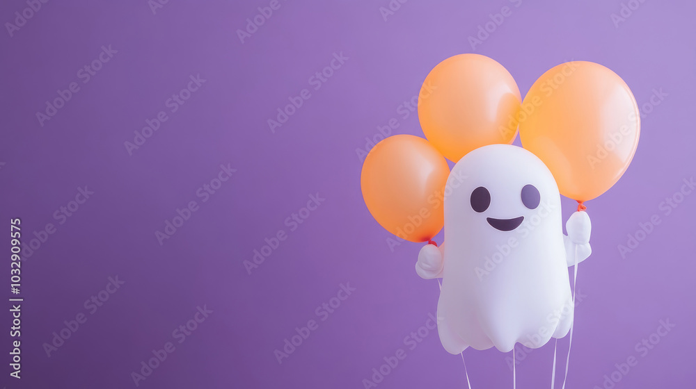 A ghost is holding four orange balloons. The balloons are floating in the air and the ghost is smiling. The image has a fun and lighthearted mood, perfect for a Halloween party A ghost is holding four orange balloons. The balloons are floating in the air and the ghost is smiling. The image has a fun and lighthearted mood, perfect for a Halloween party