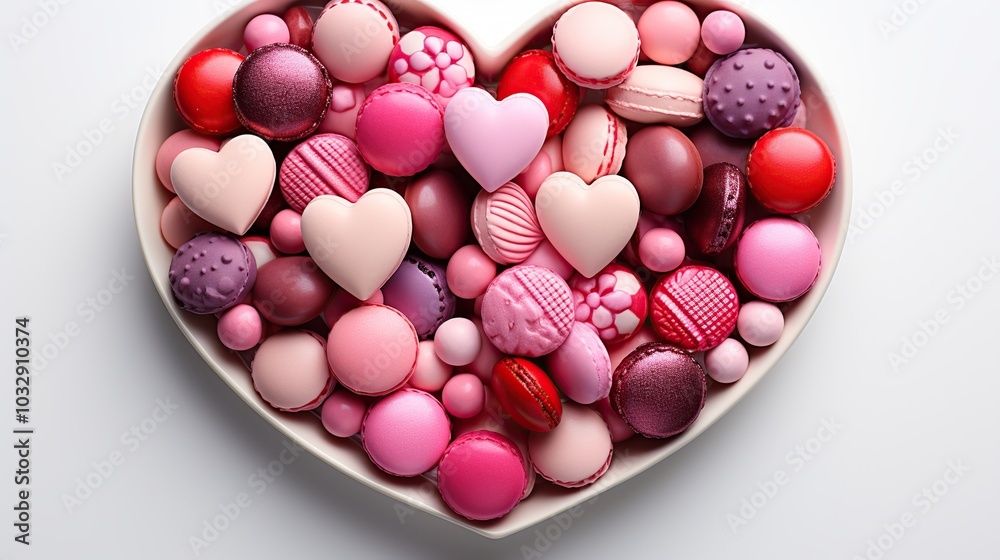 A heart-shaped bowl filled with colorful macarons and pink hearts. A heart-shaped bowl filled with colorful macarons and pink hearts.