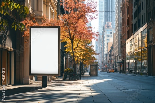 A large white billboard is on the sidewalk in front of a building