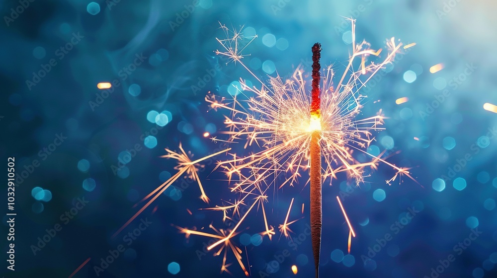 Obraz premium A Single Burning Sparklers with a Blue Bokeh Background