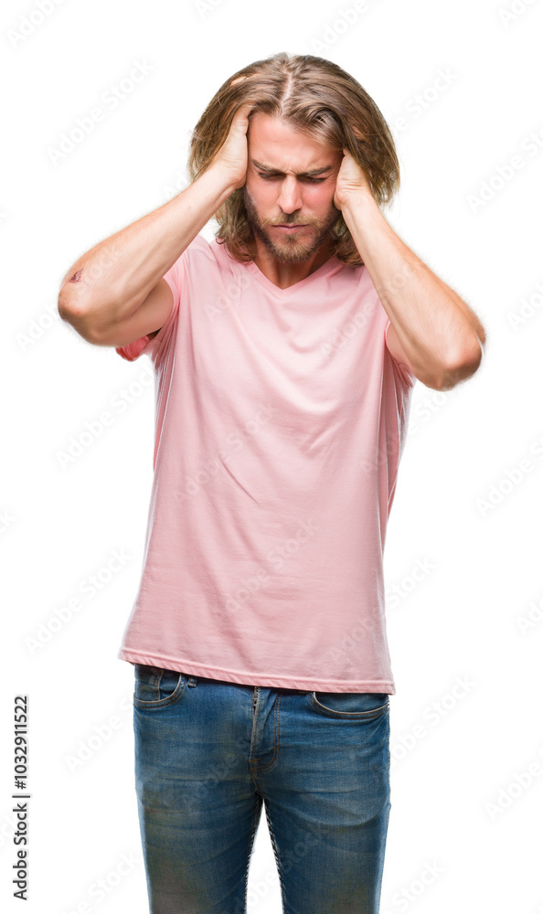 Young handsome man with long hair over isolated background suffering from headache desperate and stressed because pain and migraine. Hands on head. Young handsome man with long hair over isolated background suffering from headache desperate and stressed because pain and migraine. Hands on head.