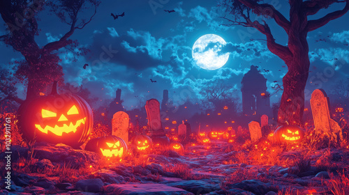 gravestones in cemetery, glowing pumpkin lanterns, jack o lantern, halloween, cartoon illustration, october 31, grave, death, horror, scary background, all saints day, day of the dead