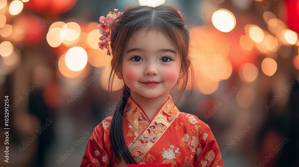 A close-up of a young girl with a sweet smile, dressed in a traditional Chinese red outfit with intricate gold embroidery. A close-up of a young girl with a sweet smile, dressed in a traditional Chinese red outfit with intricate gold embroidery.