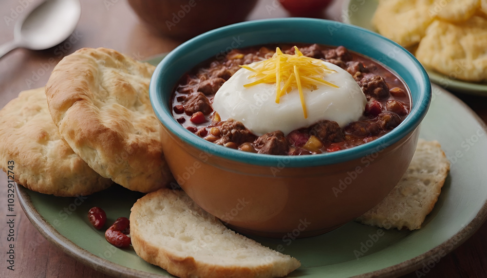 chili con carne with melted cheese on top and buttermilk biscuits chili con carne with melted cheese on top and buttermilk biscuits