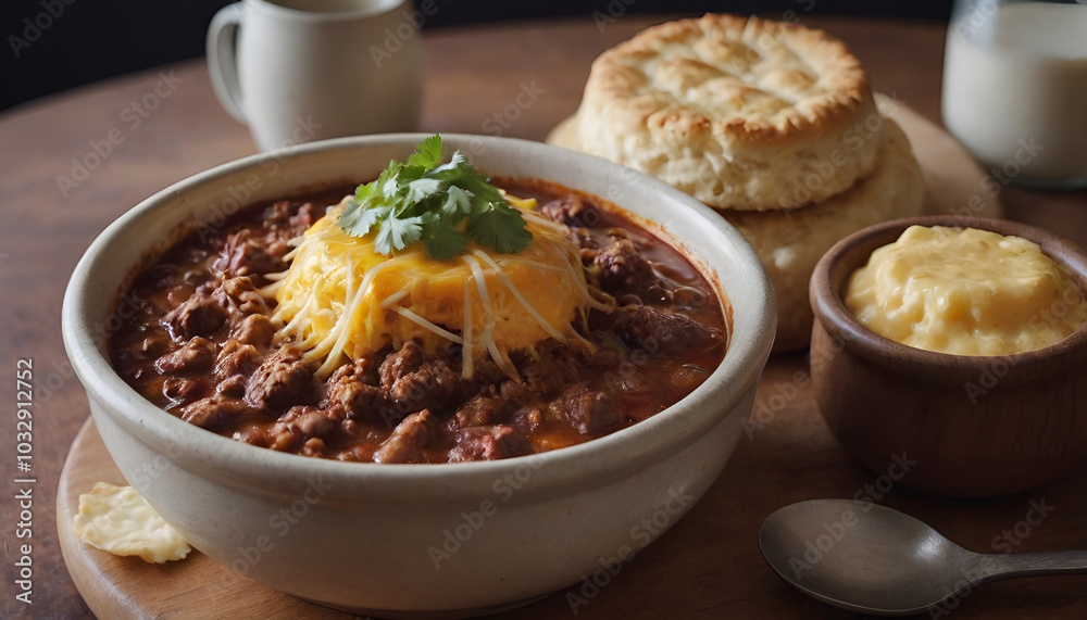 chili con carne with melted cheese on top and buttermilk biscuits chili con carne with melted cheese on top and buttermilk biscuits