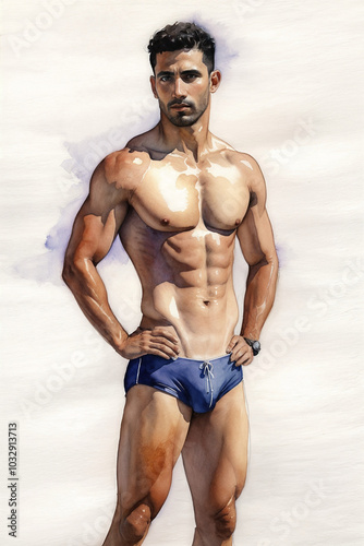 Watercolor Illustration of Athletic Male Model Wearing a Competitive Speedo Sunga Style Swimsuit