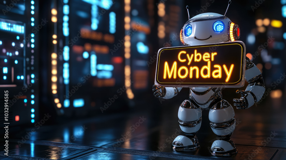 3D white robot holding sign with neon text 3D white robot holding sign with neon text