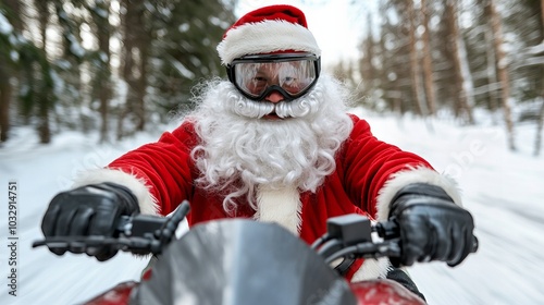 Santa Claus speeds through a snowy forest on a snowmobile, wearing goggles and a determined expression. photo