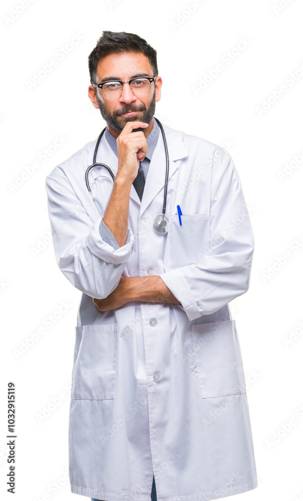 Adult hispanic doctor man over isolated background looking confident at the camera with smile with crossed arms and hand raised on chin. Thinking positive. Adult hispanic doctor man over isolated background looking confident at the camera with smile with crossed arms and hand raised on chin. Thinking positive.