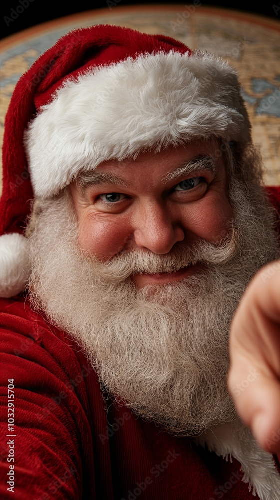 Santa Claus points his finger directly at the camera with a mischievous smile.
