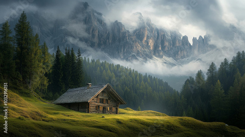 mountain village in the fog