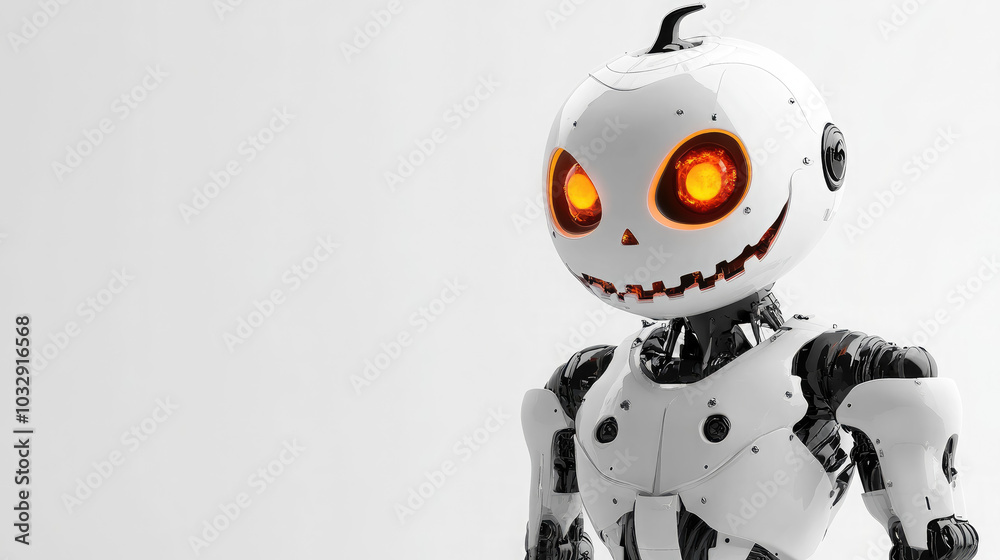 Fototapeta premium 3d white robot with jack o lantern pumpkin head with glowing orange eyes on white background, halloween, october 31, copyspace, place for text, scary character, horror, all saints day
