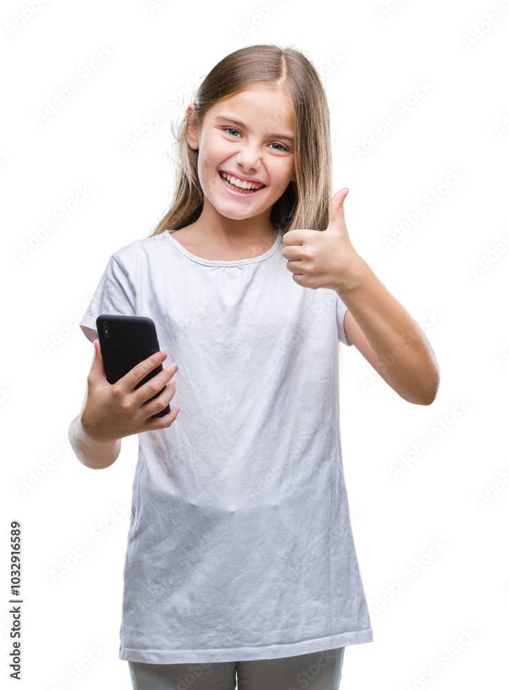 Young beautiful girl sending message texting using smarpthone over isolated background happy with big smile doing ok sign, thumb up with fingers, excellent sign Young beautiful girl sending message texting using smarpthone over isolated background happy with big smile doing ok sign, thumb up with fingers, excellent sign