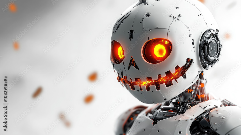 3d white robot with jack o lantern pumpkin head with glowing orange eyes on white background, halloween, october 31, copyspace, place for text, scary character, horror, all saints day 3d white robot with jack o lantern pumpkin head with glowing orange eyes on white background, halloween, october 31, copyspace, place for text, scary character, horror, all saints day