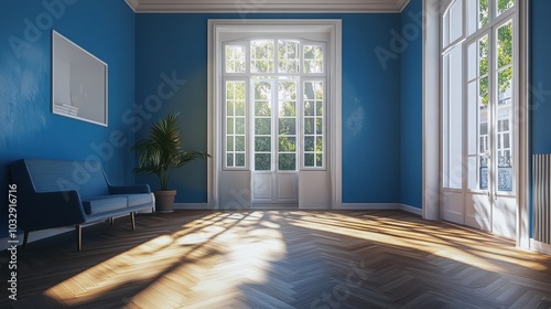 A blue room with a couch and a plant