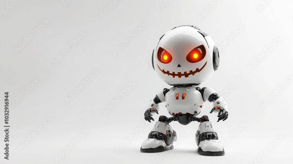3d white robot with jack o lantern pumpkin head with glowing orange eyes on white background, halloween, october 31, copyspace, place for text, scary character, horror, all saints day 3d white robot with jack o lantern pumpkin head with glowing orange eyes on white background, halloween, october 31, copyspace, place for text, scary character, horror, all saints day