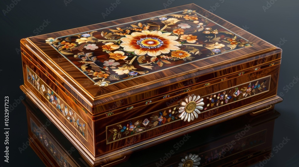 A wooden box with intricate floral marquetry. The box is closed and features a beautiful design on the lid and sides. A wooden box with intricate floral marquetry. The box is closed and features a beautiful design on the lid and sides.